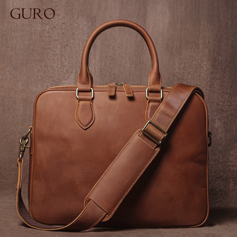 Leather Work Bag Mens - GURO Men Crazy Horse Cowhide Briefcase